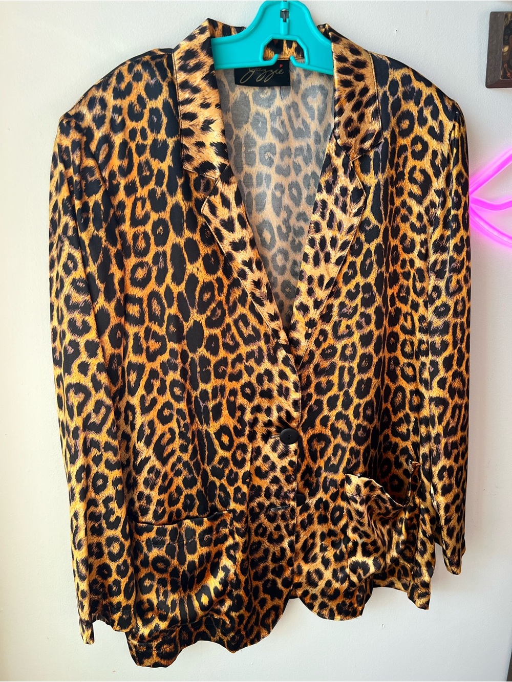 Vintage 80s Leopard Print Satin Double Button Blazer